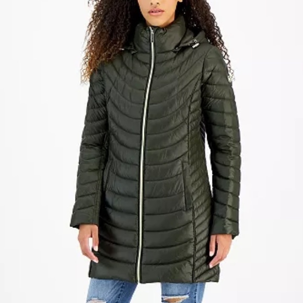 Michael Kors Hooded Packable Puffer Coat Olive Green Women’s Small Winter Jacket - Picture 2 of 5